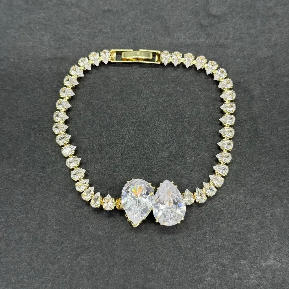 Gold Tone Watch Charm Bracelet Set 3 Pc Rhinestone Pink Dial Pear Cut Crystal